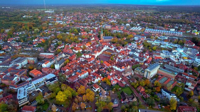 Aerial view of the old town around the city Liegen on an overcast day in fall in Germany.	
