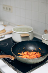 Cooking borsch on an induction stove in the kitchen