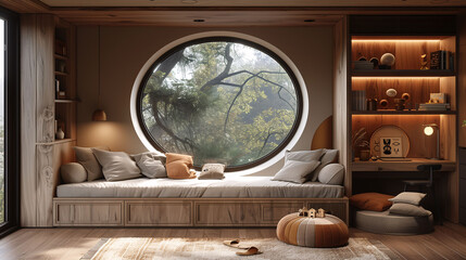 Cozy modern living room with a large round window overlooking nature, stylish interior design. - obrazy, fototapety, plakaty