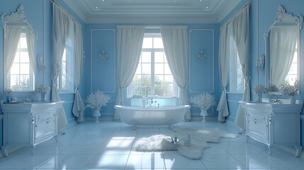 Elegant blue bathroom with vintage claw-foot tub, ornate vanities, and sheer curtains in a luxurious setting. - obrazy, fototapety, plakaty