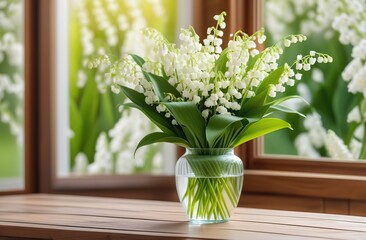 Lilies of the valley in a vase on a wooden table. In the background, a garden with white-flowering trees. Spring background