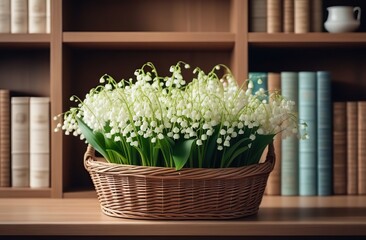 a person holding a wicker basket with lily of the valley flowers in front of a shelf with other items.