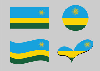 Flag of Rwanda. Rwanda flag in heart shape. Rwanda flag in circle shape. Country flag variations.