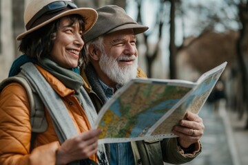 Smiling elderly man and woman enjoying sightseeing with a map in an urban setting