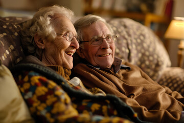 Obraz premium Elderly man and woman enjoy a joyful moment on a cozy sofa