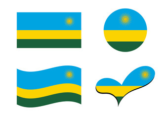 Flag of Rwanda. Rwanda flag in heart shape. Rwanda flag in circle shape. Country flag variations.	
