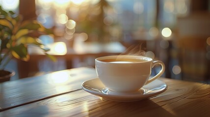 Warm tea cup on wooden cafe table in soft morning light - obrazy, fototapety, plakaty