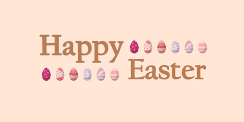 Happy Easter large banner greeting card with beige background and pastel colors easter eggs. Fully editable SVG vector.