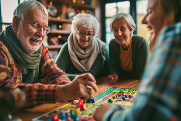 Joyful elderly group engaged in a fun board game, sharing laughter in a cozy room