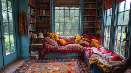 Cozy reading nook with a colorful couch, surrounded by bookshelves and a large window overlooking nature. - obrazy, fototapety, plakaty