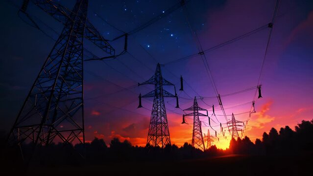 Electricity transmission towers with orange glowing wires the starry night sky. Energy infrastructure concept, energy, electricity, voltage, supply.