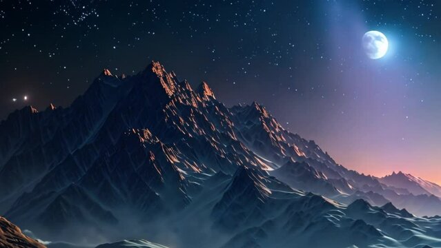 illustration style fantasy landscape mountain desert at night with moon light