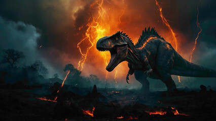 dinosaurs background with blaze of fires and large wings flaying over the big blue sky 
