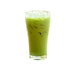 Front view of iced matcha green tea with condensed milk in transparent glass isolated with clipping path in png file format