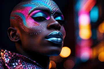 African American man with bright shiny makeup against the backdrop of a night city close-up
