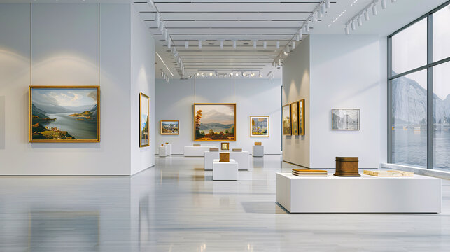 Art Museum Gallery Interior, Modern Exhibition Space with Tourists Exploring Artistic Works