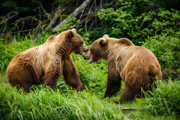 Two Brown Bears Engaged in an Intimate Moment of Communication Amidst a Lush Green Clearing