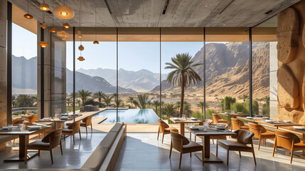 Luxury Resort Dining Room with Mountain View and Pool