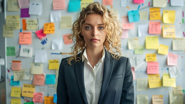 Businesswoman in front of wall with sticky notes
