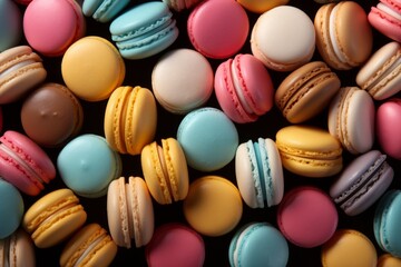 Assortment of vibrant french macarons from overhead for banner or background image - obrazy, fototapety, plakaty