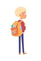 Kid with school backpack back view vector illustration. Boy going to kindergarten with bag pack. Cartoon smart student character isolated on white background. Back to school, education concept