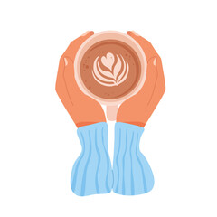 Woman hands holding ceramic cup with coffee. View of mug from above. Flower is painted on foam from coffee. Hot drink for breakfast, break, winter evening. Cartoon vector illustration