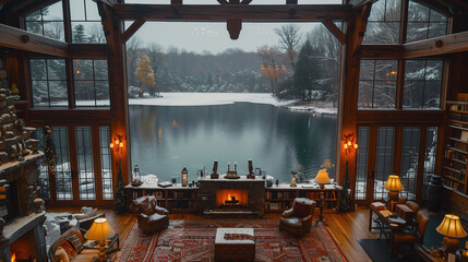Cozy interior with a panoramic window overlooking the winter lake, library and fireplace