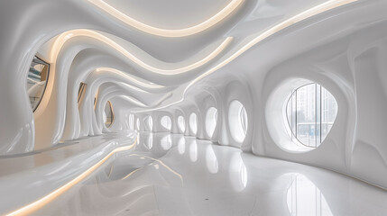 Modern futuristic white corridor with smooth curves and LED lighting, architectural abstract. - obrazy, fototapety, plakaty
