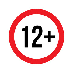 Age restriction for 12 plus vector illustration. Person under 12 not allowed sign, number twelve in red line isolated circle badge for age limit of forbidden restricted social media content, movie