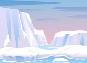 Arctic ice landscape with iceberg, glacier, mountains vector illustration. Antarctica winter cold snow nature. North scenery. Polar circle