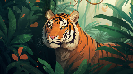 Tigre na floresta - ilustração infantil - obrazy, fototapety, plakaty