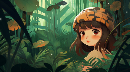 Menina fofa na floresta tropical - Ilustração Infantil - obrazy, fototapety, plakaty