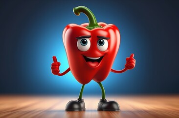 Illustration of cheerful, smiling cartoon character in form of red bell pepper dancing on light...