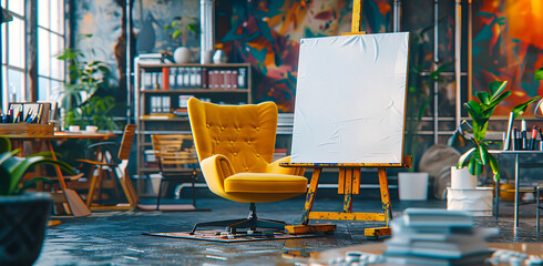Artists Workspace with Colorful Painting and Brushes on Table