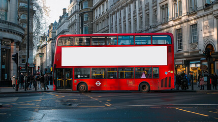 Red london bus with blank white place for mockup information is parked at urban street with stone road and sidewalk - obrazy, fototapety, plakaty