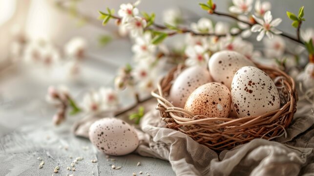 Delicate image showcasing Easter eggs in a nest, complemented by blossoming branches in soft light