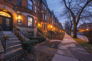 Artistic Row of Red Brick Townhouses with Art Deco Ornamentation Gen AI