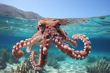 Close up shot of octopus in clear blue waters with sunlight, creating a mesmerizing underwater scene - obrazy, fototapety, plakaty
