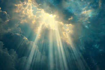 Divine light opening the heavens. Shining skies, pierced by bright rays of Divine light, as a symbol of divine presence, truth and spiritual enlightenment, divine love and grace.