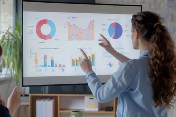 Business professionals examine complex data charts and graphs on a large interactive monitor in modern office
