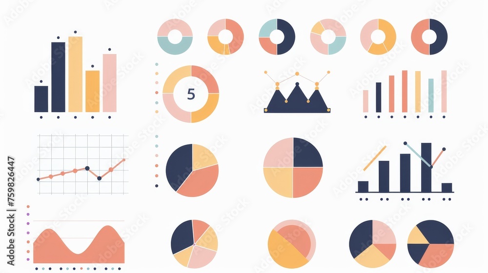 Poster set of various data visualization graphics, like pie charts, bar graphs, in vibrant colors, useful f