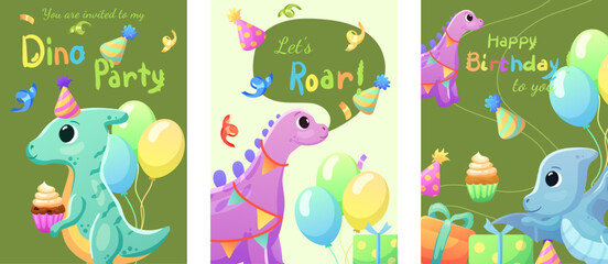 Set of cards, birthday banners, birthday invitations with dinosaurs, balloons and confetti. Dinosaurs that smile and say roar.