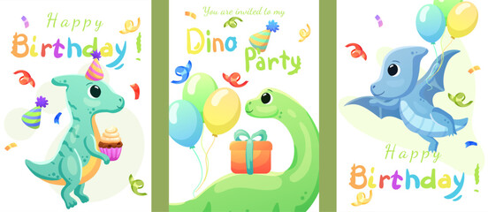 Set of cards, birthday banners, birthday invitations with dinosaurs, balloons and confetti. Dinosaurs that smile and say roar.