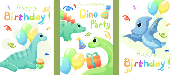 Set of cards, birthday banners, birthday invitations with dinosaurs, balloons and confetti. Dinosaurs that smile and say roar.