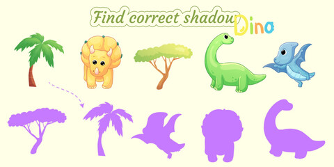 Fototapeta premium Find the correct shadow of the different dinosaurs.Educational matching game for children. Cartoon vector illustration.