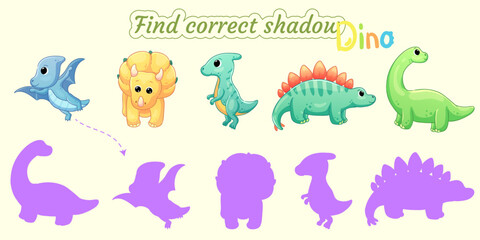 Find the correct shadow of the different dinosaurs.Educational matching game for children. Cartoon vector illustration.