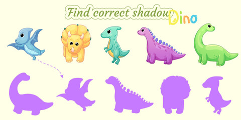 Find the correct shadow of the different dinosaurs.Educational matching game for children. Cartoon vector illustration.
