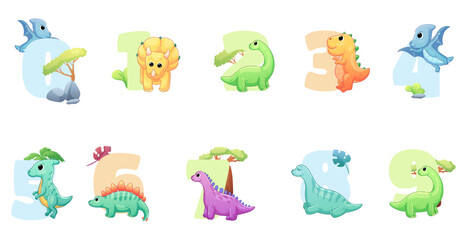 A set with vector numbers decorated with dinosaurs, perfect for children's holidays.