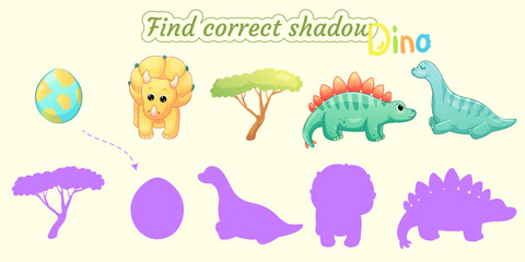 Find the correct shadow of the different dinosaurs.Educational matching game for children. Cartoon vector illustration.