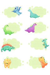 A set of illustrations of different dinosaurs with a field for writing.